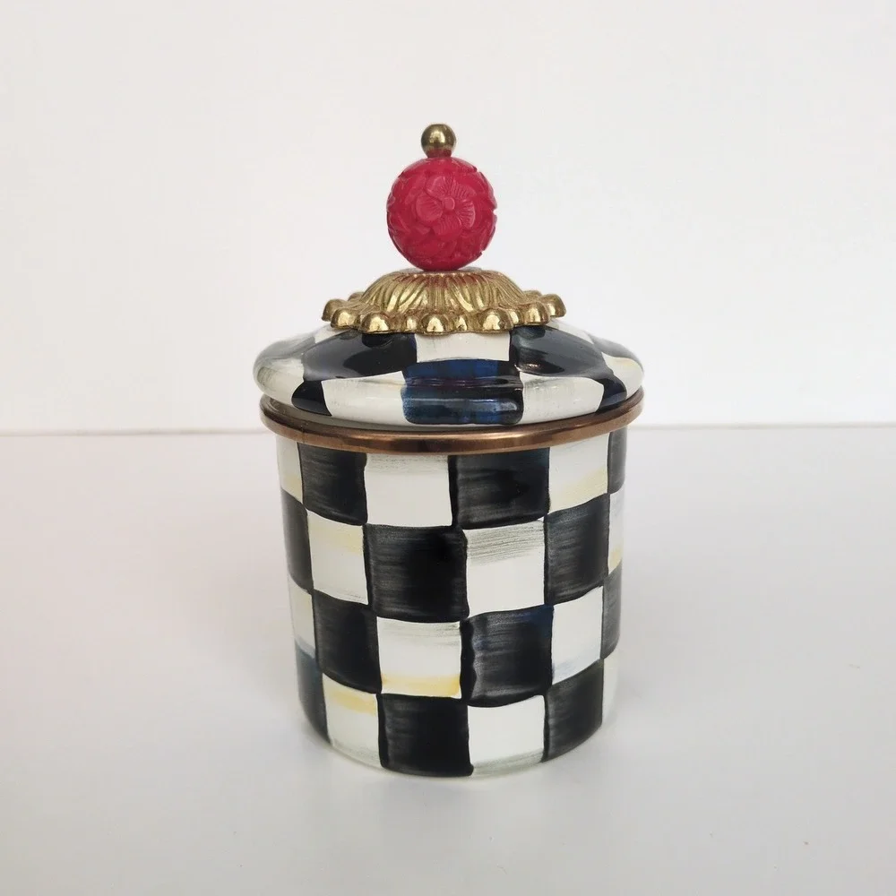 MacKenzie Childs Courtly Check Enamel Canister Small Metal Black White Jar 5.75